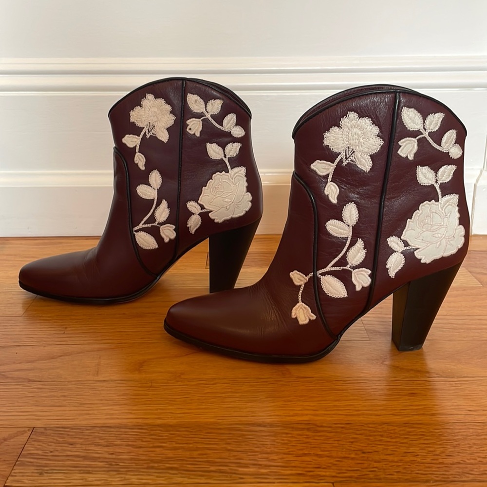 kate spade Burgundy Leather Ankle Boots with White Floral Embroidery